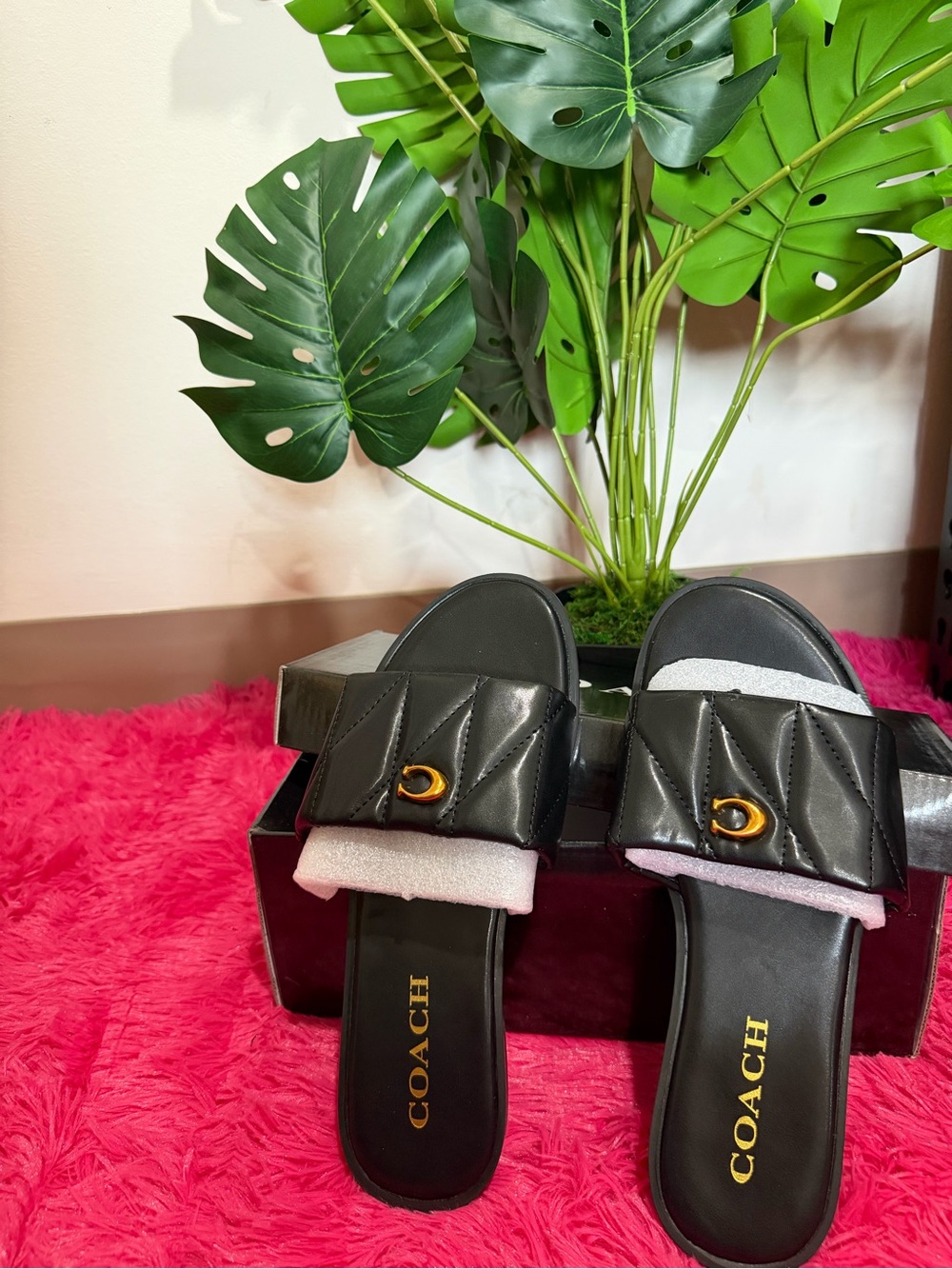 COACH Black Quilted Slide Sandals with Gold Accent